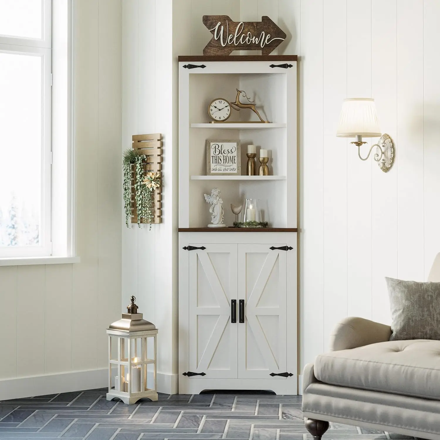 IRONCK Gabinete de esquina, gabinete de almacenamiento de esquina de 68 pulgadas de alto con puertas y estantes de 5 niveles para baño, cocina, librería independiente