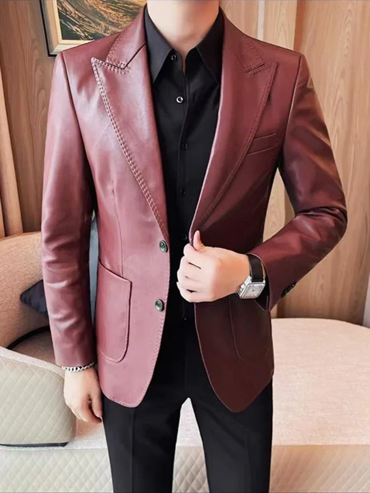 MW09  Spring and Autumn Leather Suit Men's New British Business Trend Casual Two-grain Buckle Blazer Plankton Shuai Slim Coat