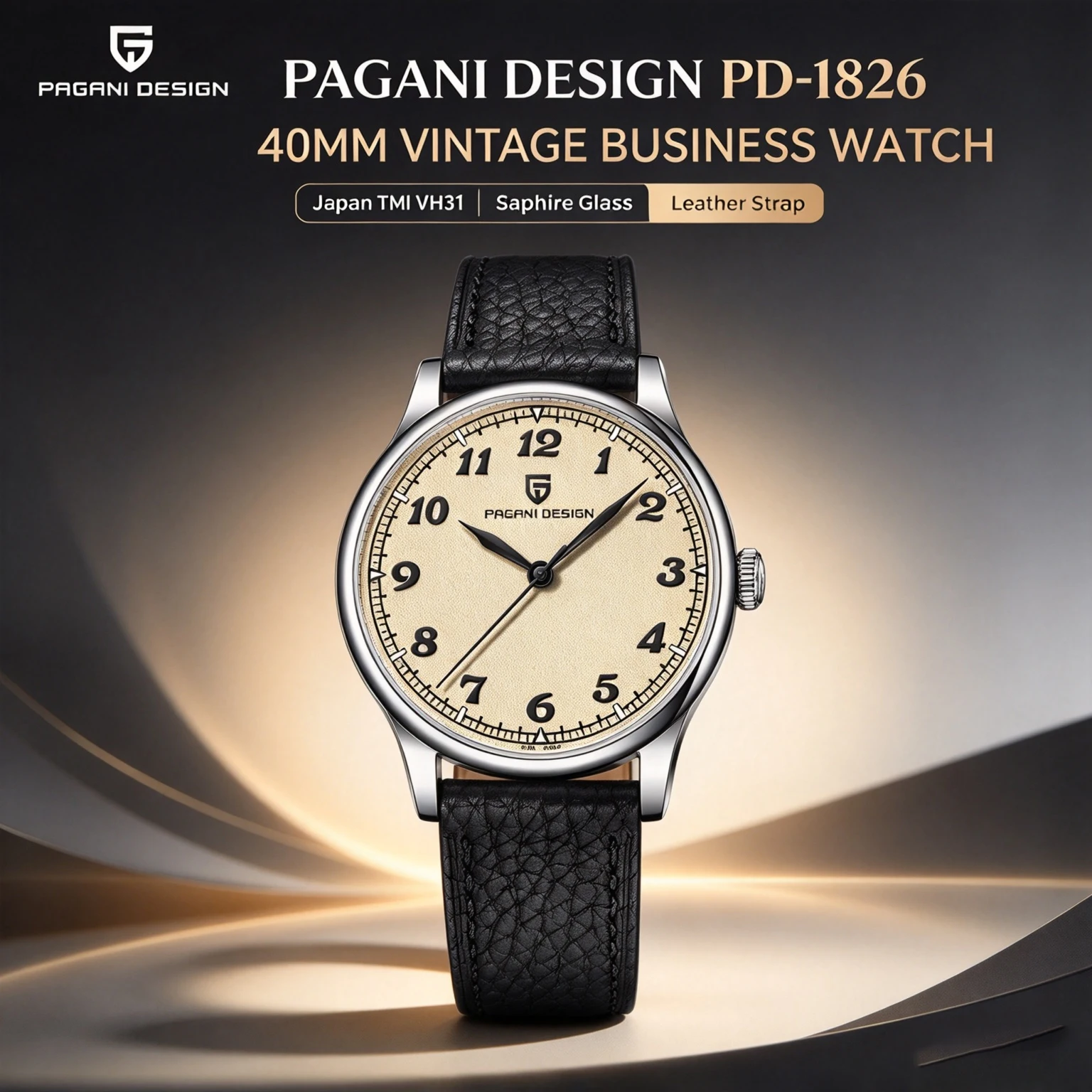 PAGANI DESIGN Men Quartz Watch Japan VH31 Movement Sapphire 100M Waterproof Vintage Cream Dial Genuine Leather Strap Wristwatch