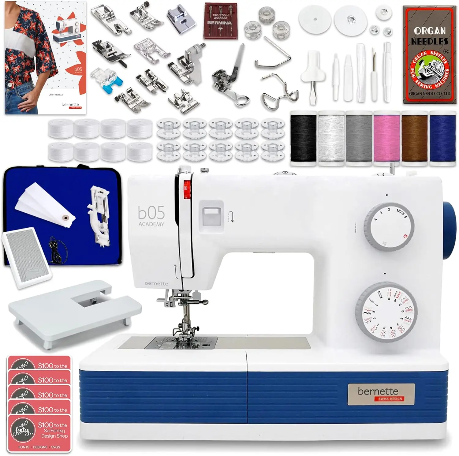 B05 Academy Sewing Machine With Deluxe Sewing Bundle With Embroidery Designs, Accessories, Thread, And More