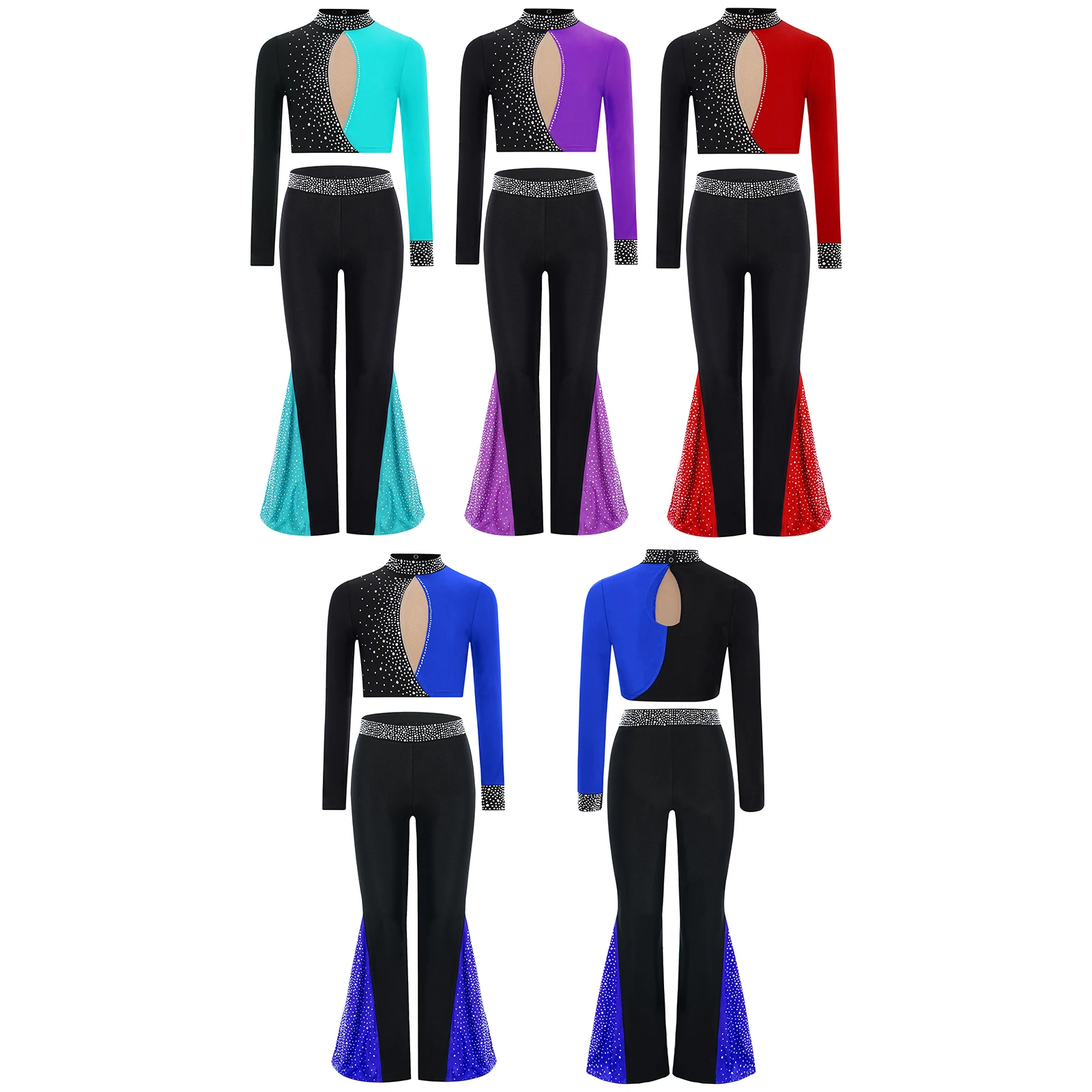 

Kids Girl Figure Skating Outfit Mock Neck Long Sleeve Crop Top with Color Block Bell Bottom Pants for Dance Competition Showcase