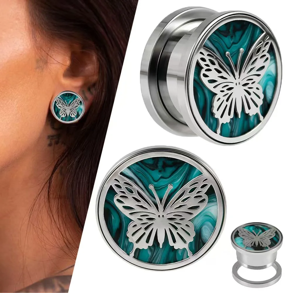 

2PCS Butterfly Design Mixed Green & Black Stone Ear Tunnel Set with Stainless Steel Pulley Thread Ear Expander Body Jewelry