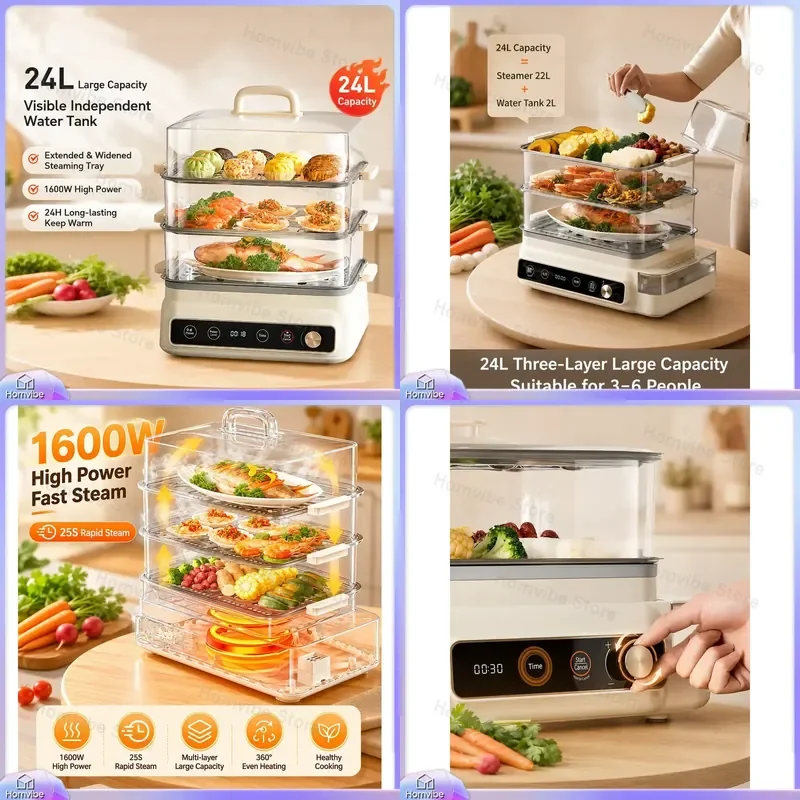 

Electric Steamer for Home Kitchen Multifunctional 3 Layer Stainless Steel Large Capacity Food Steamer with Timer Auto Shut