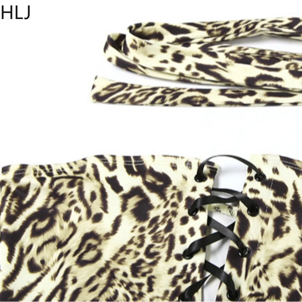 HLJ Spring Summer New Leopard Print 2 Piece Sets Women Outfit Tube Bandage Patchwork Crop Top and Mini Skirt Suits Streetwear