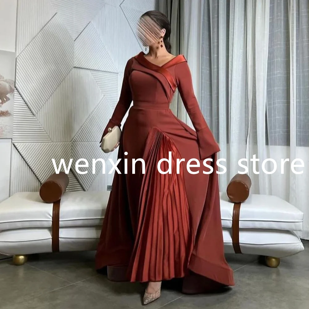 Elegant Straight Floor Length V Neck Jersey Long Sleeves Evening Dress Exquisite Pleats Saudi Arabia Special Occasion Gowns