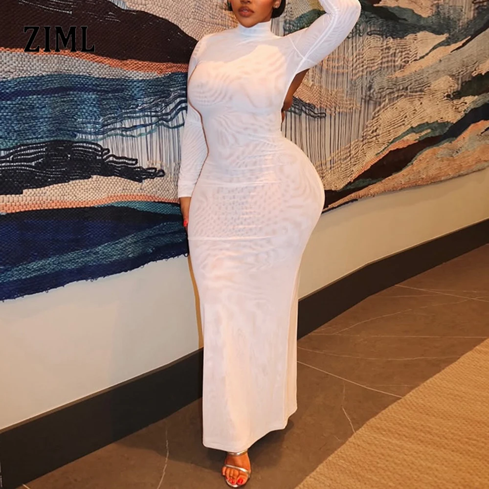 

ZIML Solid Elegant Slimming Chic Dresses for Women Stand Collar Long Sleeve High Waist Temperament Dress Female Fashion Style