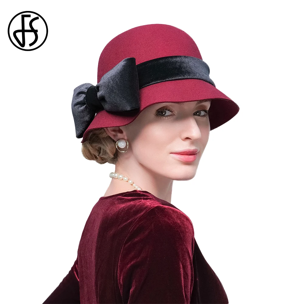 FS Female Fedora Red Hat Woman Bowler Hat With Big Bowknot 2024 Winter Wool Felt Fedoras Ladies Elegant Tea Party Millinery