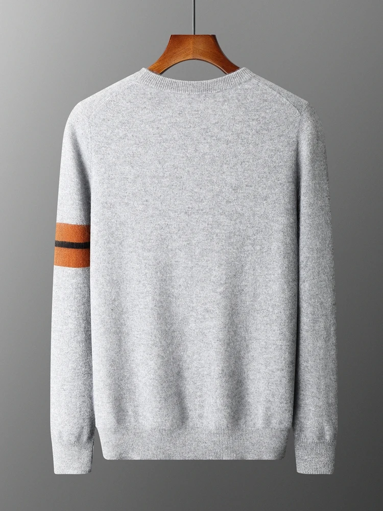 Men's 100% Cashmere Sweater Autumn Winter Basic O-neck Long Sleeve Pullover Cashmere Knitwear Smart Casual Striped Clothing Tops