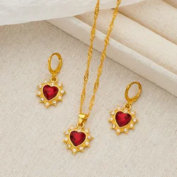 Vintage Red Gemstone Heart Earrings Necklace Set For Women Gold Plated Pearl Crystal Bridal Jewelry Set