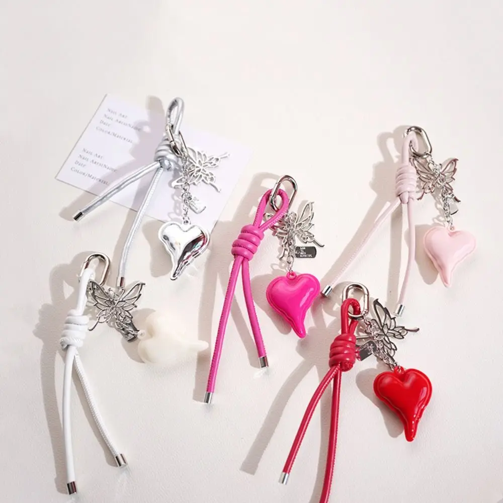 فراشة الكرتون فتاة القلب المفاتيح المنسوجة يدويا مكافحة خسر على شكل قلب حقيبة قلادة حقيبة الديكور Y2k حبل مضفر مفتاح سلسلة