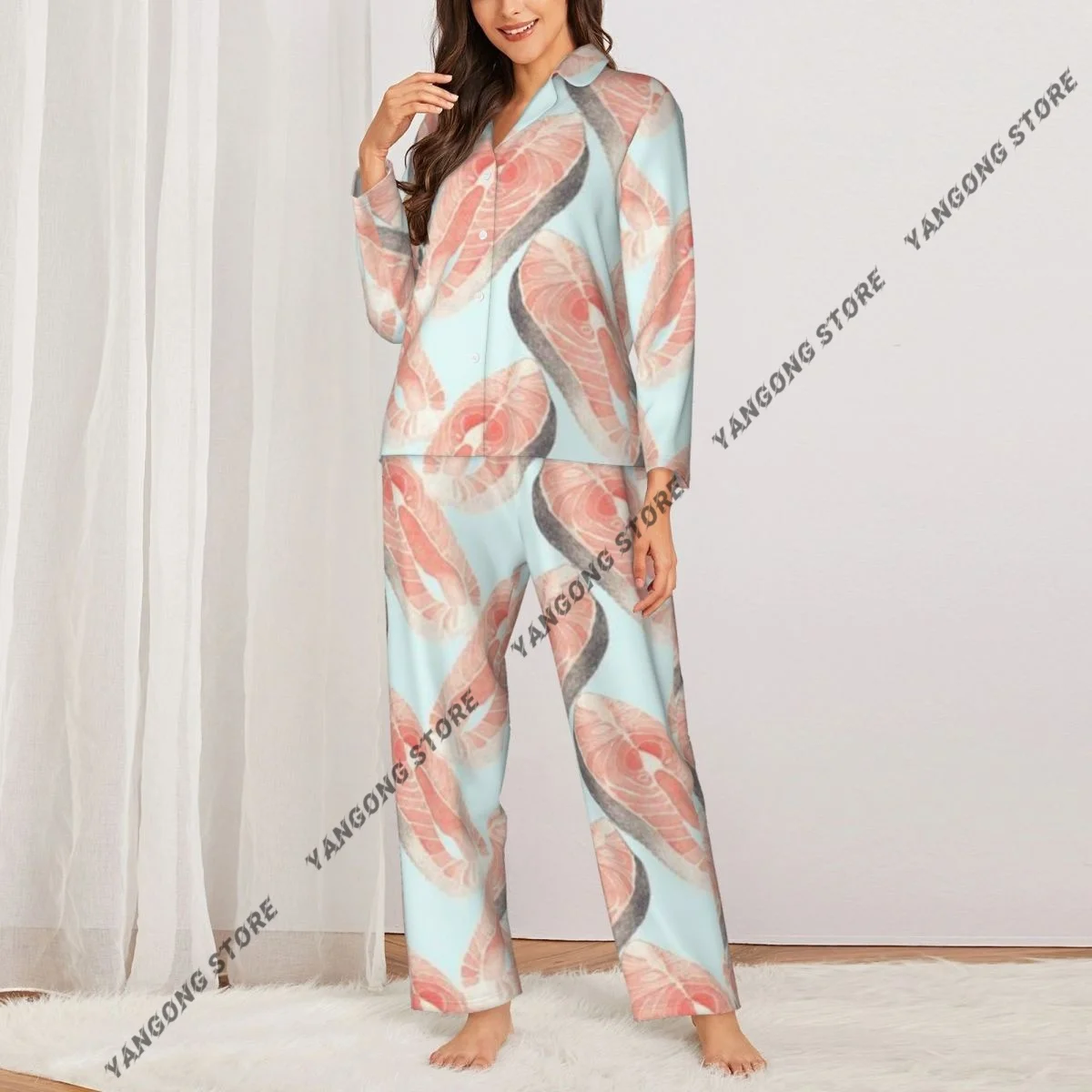 Women Sleepwear Pajamas Salmon Slice Seafood Marine Cuisine Pattern Long Sleeve Pijama Female Set Negligee Cardigan Suit