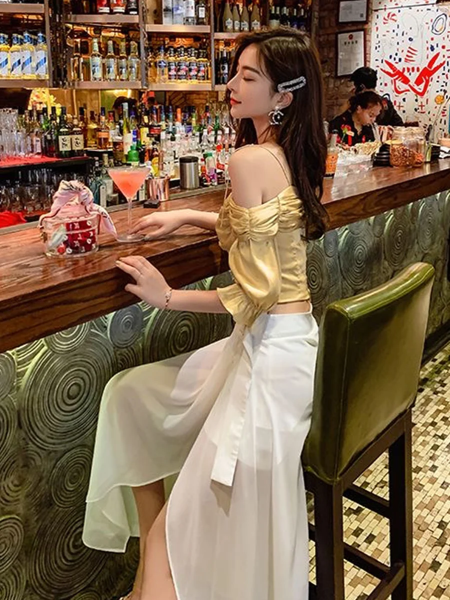 Saia Midi de Chiffon Branca Fena, Novo Estilo de Outono, Efeito Emaecedor, Estilo Coreano, Crimento Médio, Estilo Co...