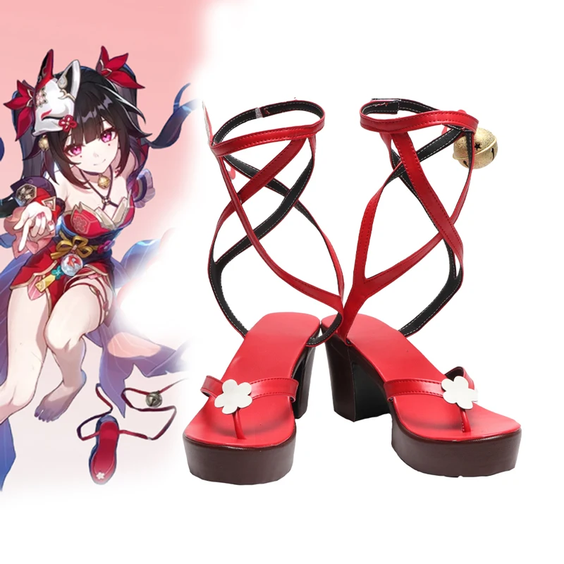 Custom New Sparkle  cosplay prop shoes Game Honkai: Star Rail Japanese Strap Clogs Custom Red High Heel Shoes