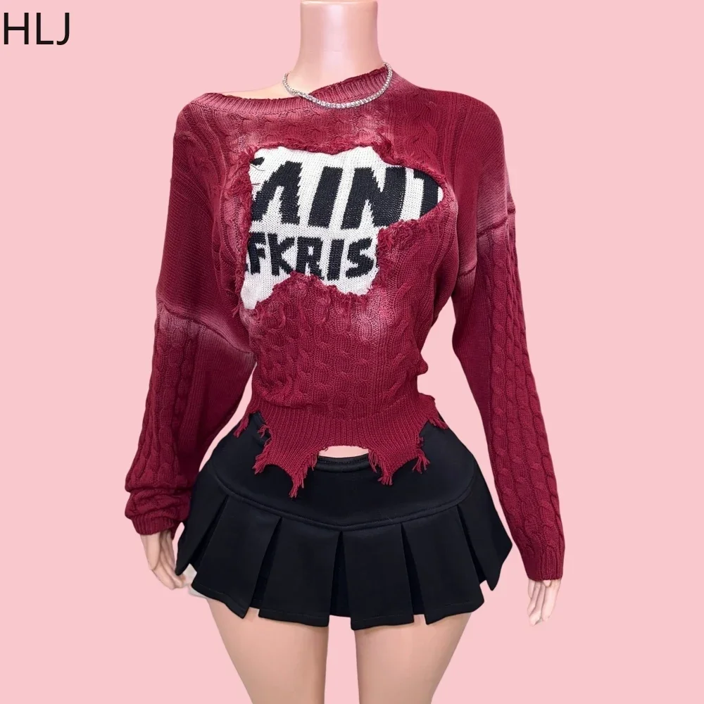 

HLJ&GG Y2K Fashion Letter Print Knit Sweater Two Piece Sets Women Round Neck Long Sleeve Top And Mini Skirts Outfits Streetwear