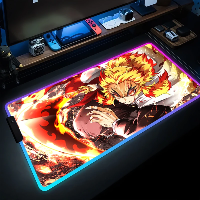 RGB Mouse Pad PC Demon Slayer Rengoku Kyoujurou Tappetino da scrivania Gamer LED Ufficio Laptop Anime Tastiera Pad Accessori da gioco Mousepad