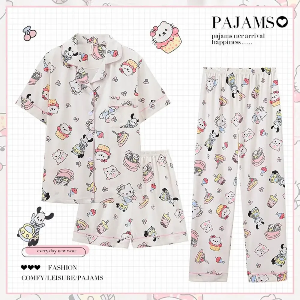 

Женский пижамный костюм Hello Kitty Kawaii, 3 шт., Sanrioed, мультяшный аниме, весна-лето, милая домашняя одежда для девочек, домашняя одежда с короткими рукавами