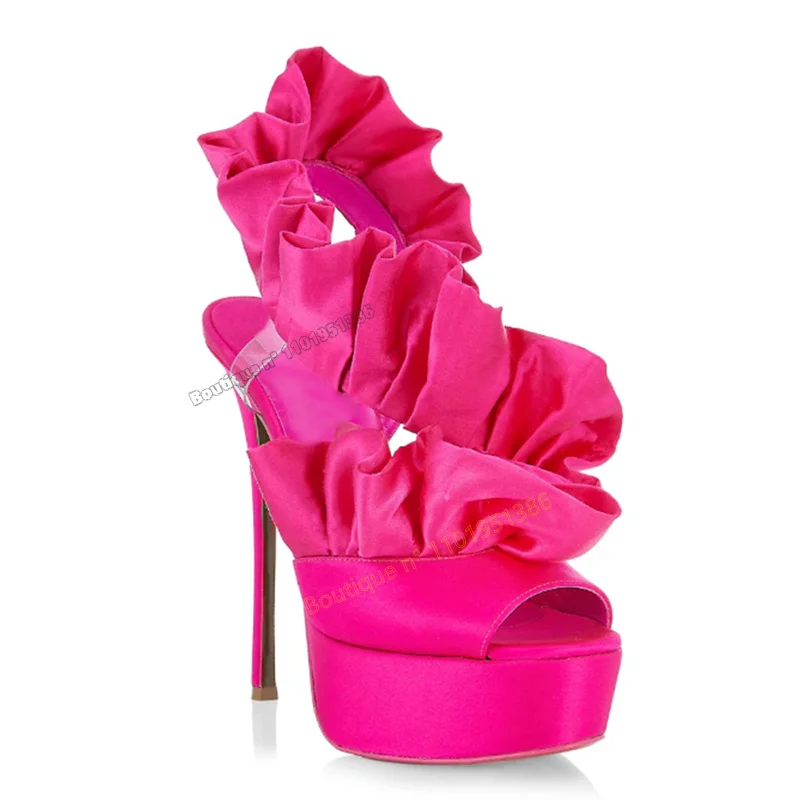 

Pink Pleated Peep Toe Sandals Platform Spike High Heel Shoes for Women Ankle Wrap Solid Shoes on Heels Zapatos Para Mujere