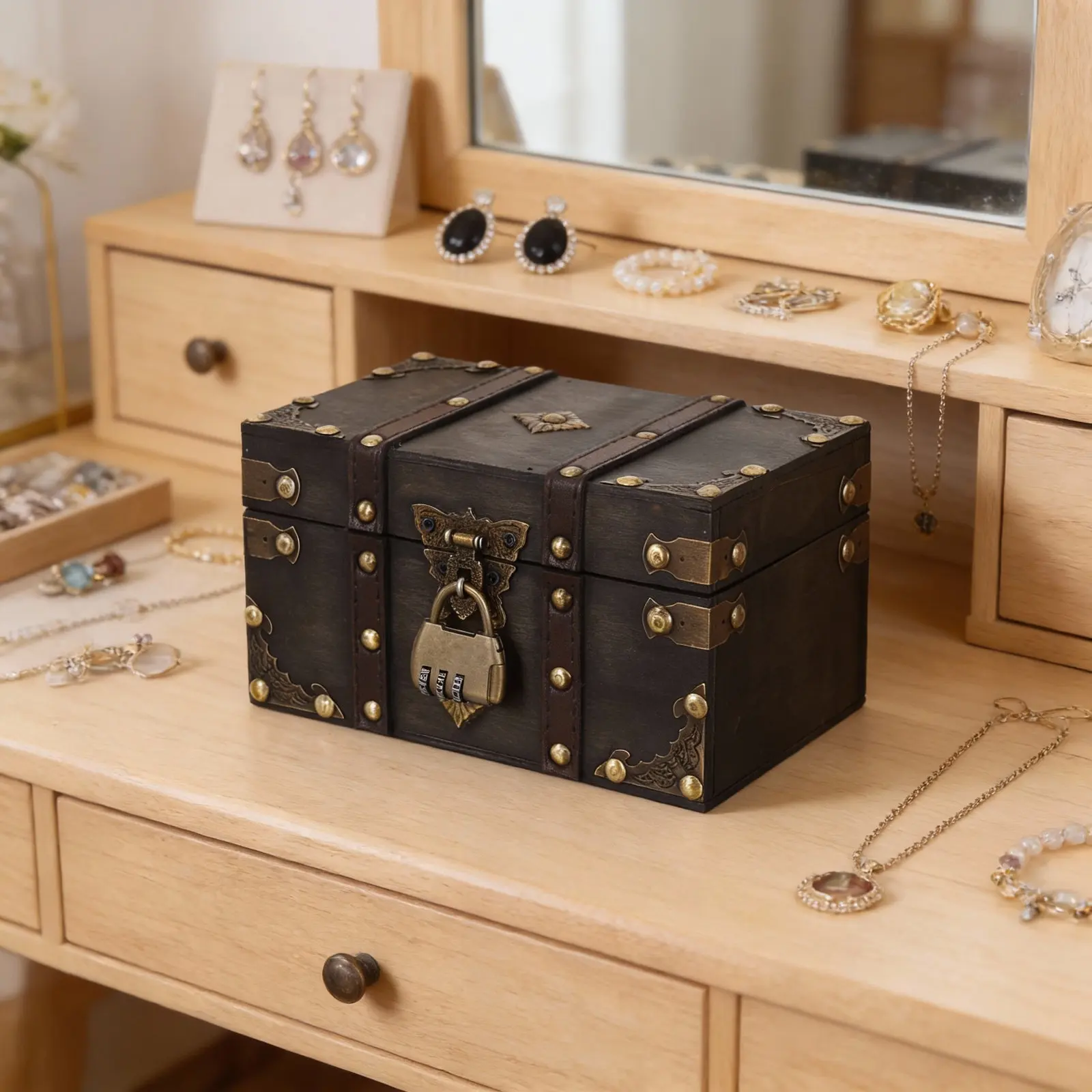 

Retro Wooden Jewelry Storage Box Mini Treasure Chest Lock Small Portable Organizer Decorative Rustic Box Home Jewelry Storage