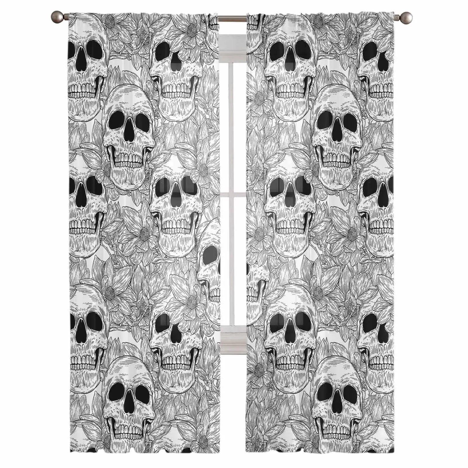 Halloween Skull Flower Hand-Painted Chiffon Sheer Curtains for Living Room Bedroom Decor Kitchen Window Voiles Tulle Curtain