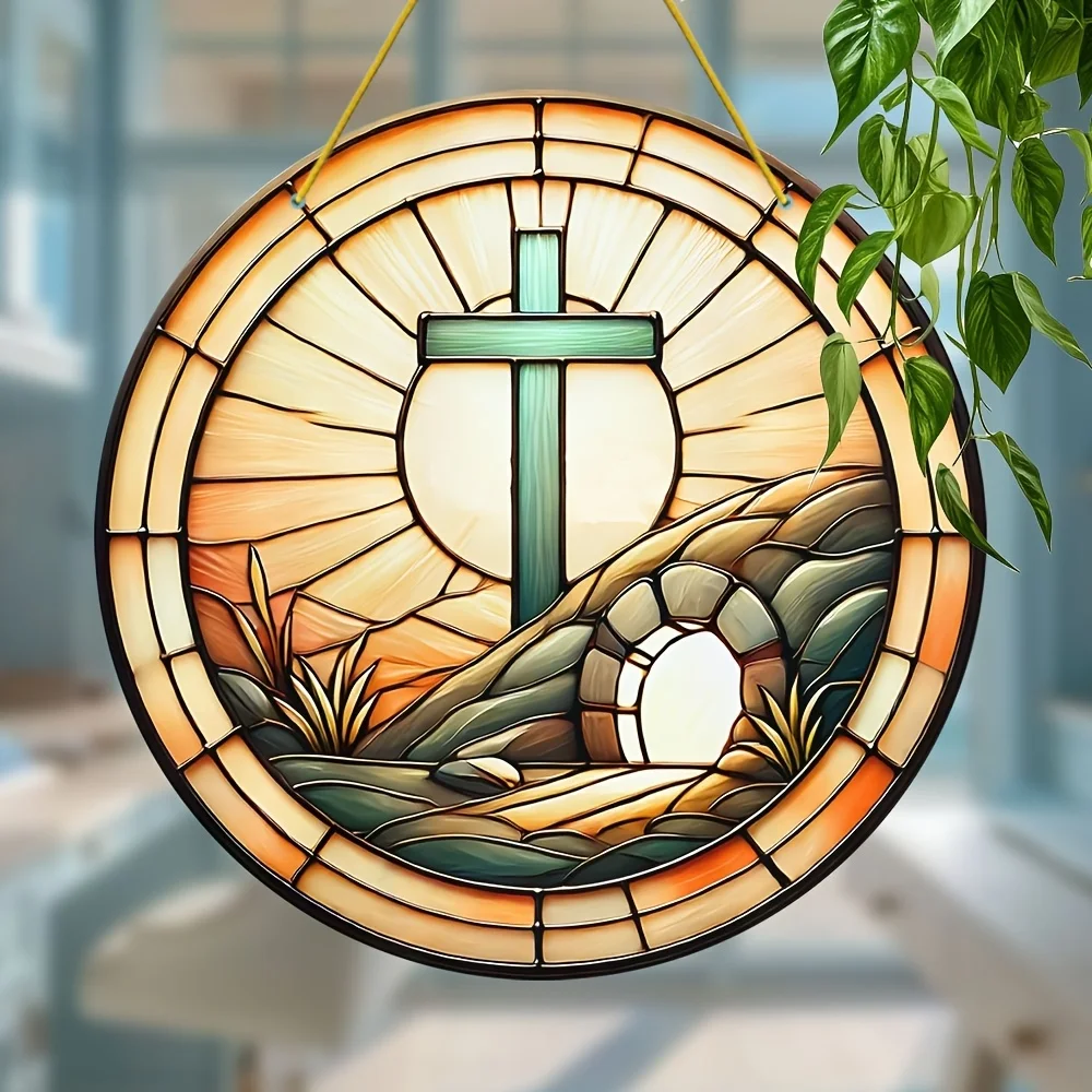 1 Piece, Inspirational Holy Week Sun Catcher With Cross Empty Tomb, Colorful Plastic Style Acrylic Hanging Decoration (9 Inches