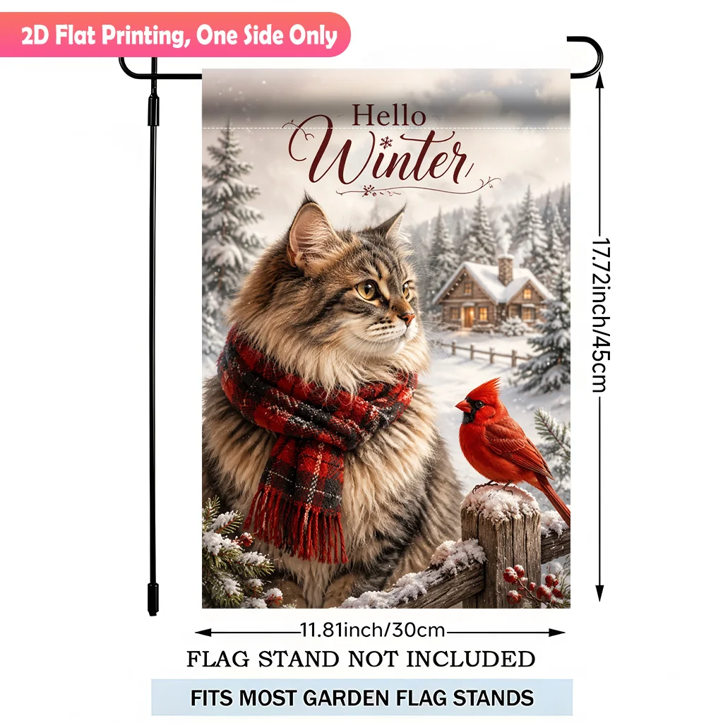 2D Flat Garden Flag 1 Piece, Winter Snow Cat and Red Bird Durable Polyester Outdoor Garden Decoration, Suitable for Garden and Terrace Decoration, Scene Decoration, Celebration Arrangement, Home and Scene Decoration, Excluding Flagpole