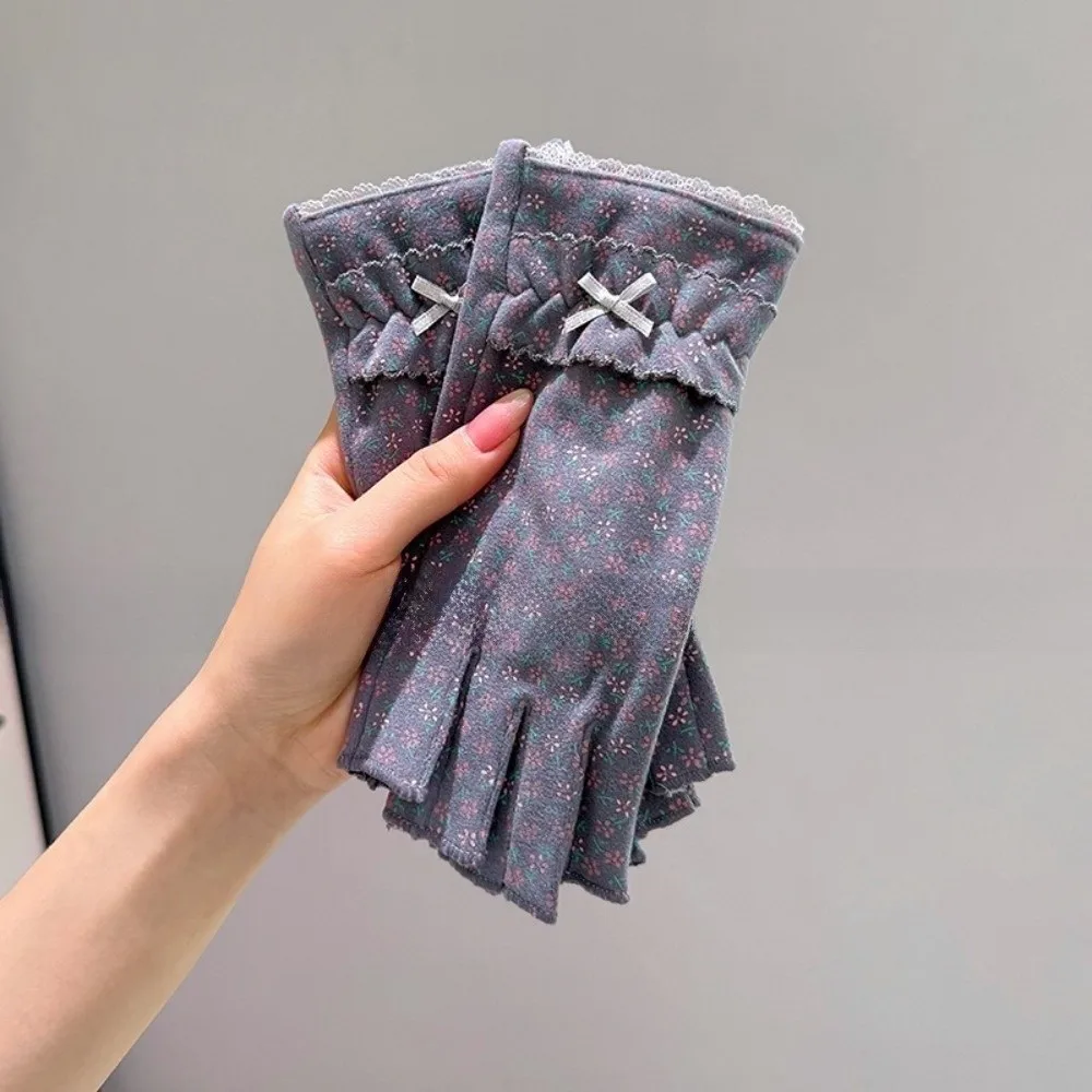Floral Pattern Half Finger Gloves Fleece Lined Women's Fit Fingerless Gloves Autumn Winter Touchscreen Compatible