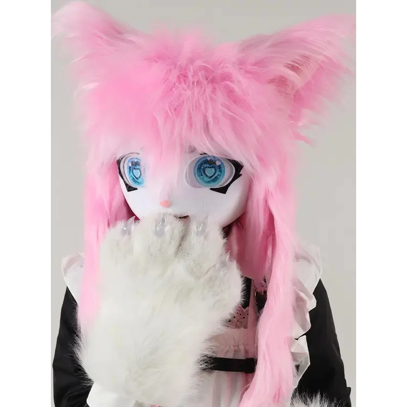 Grigio Animale Peloso Fursuit Taglio Carino Volpe Testa di Gatto Maschera Halloween Masquerade Costume Cosplay Puntelli hjk.5