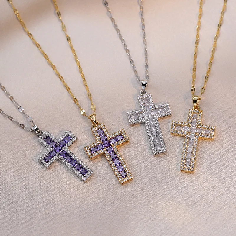 Vintage Design Zircon Cross Pendant Necklace Stainless Steel High Grade Geometric Choker Jewelry Party Gifts For Women Girls