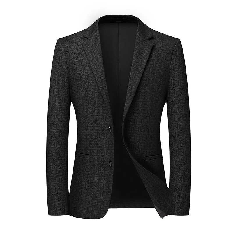 

Effortless Men Black Blazer Smart Casual Suit Jacket Male Wrinkle-Free Subtle Letter Pattern Menswear Elegant Outfit Stylish