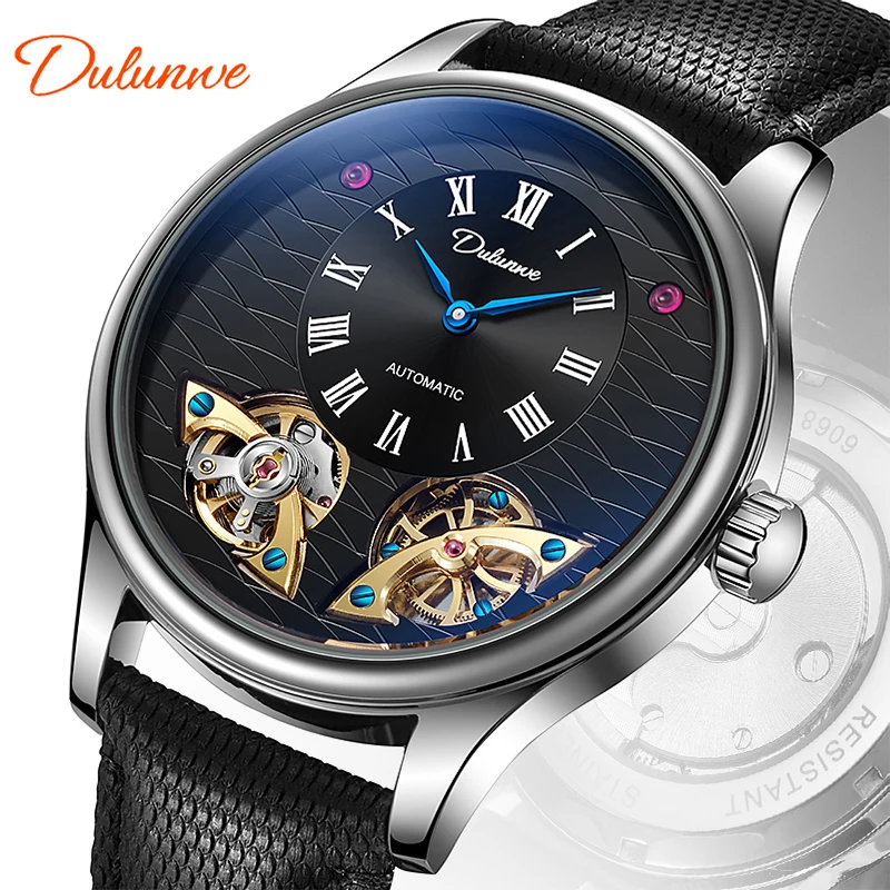 

Dulunwe Men's Watch, Stylish Mechanical Watch, Waterproof, Roman numeral Skeletonized Double Tourbillon Automatic Watch