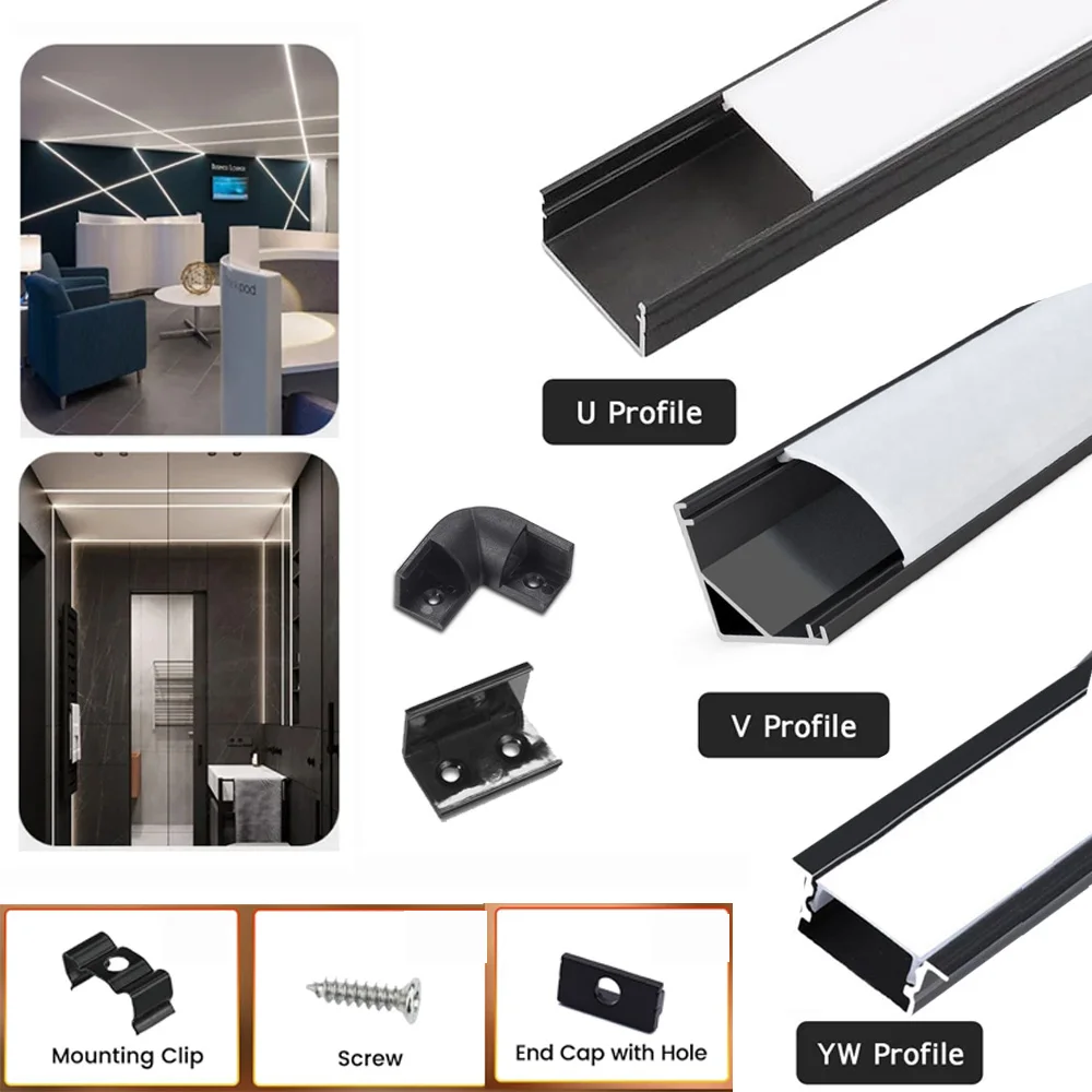 

V/U/YW-Shape Recessed LED Aluminum Profiles Corner Channel Holder Black/Milky Cover Diffuser Bar for 8mm 10mm 12mm Strip Lights