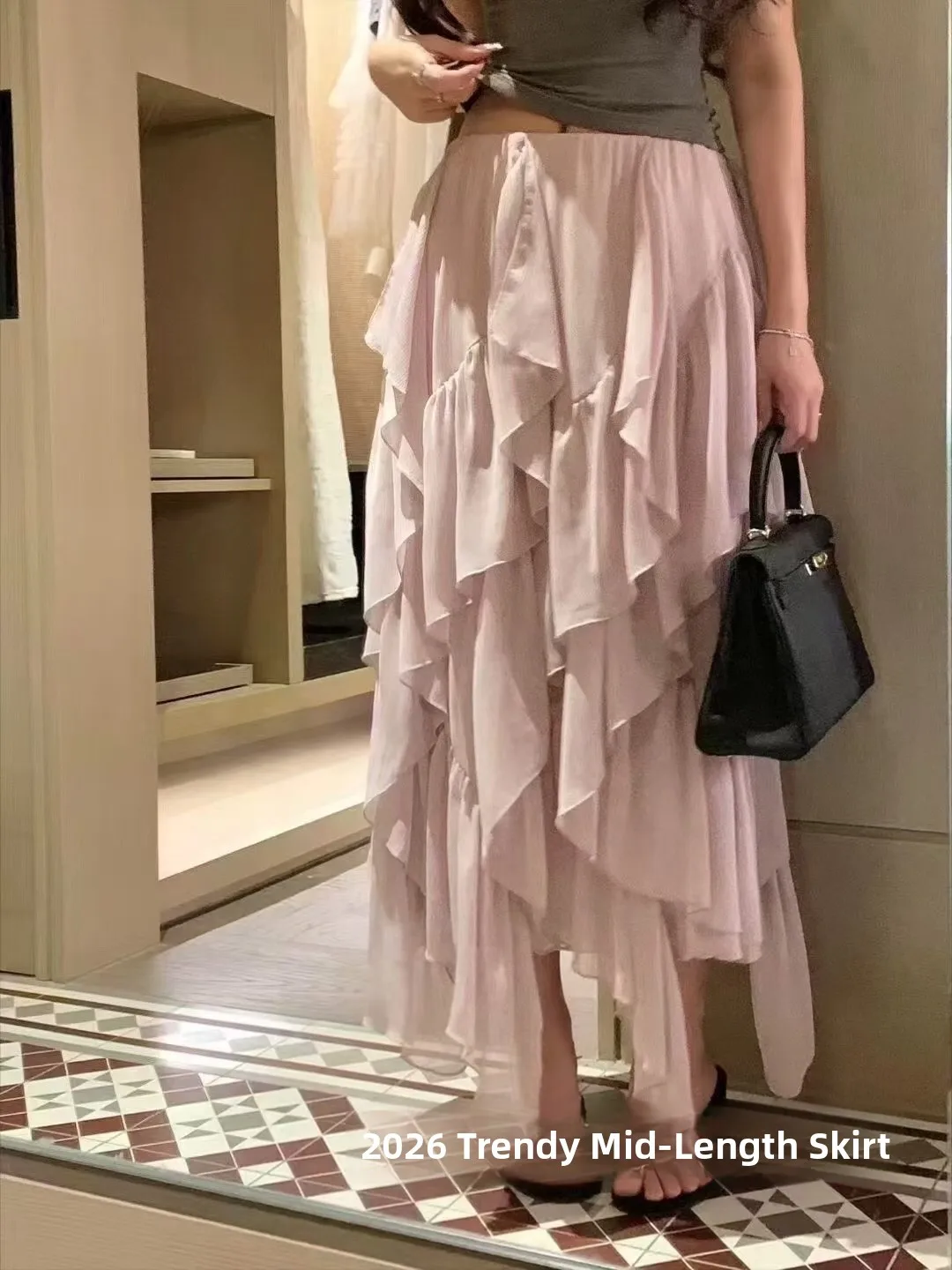 

Розовая кружевная асимметричная юбка-миди А-силуэта с оборками, женская, весна-лето, новая модель, элегантная, стройнящая, полудлинная юбка-полусолнце, юбка-тортик