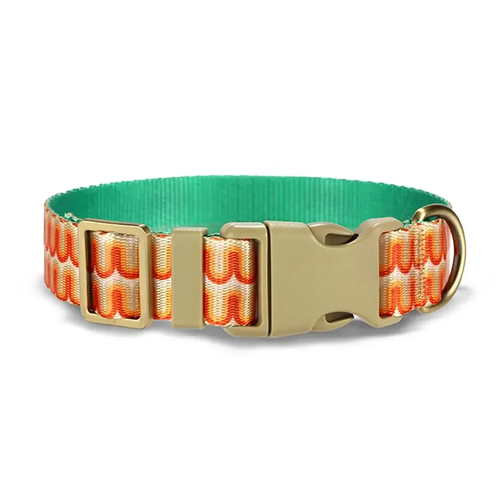 Personalized Pet Collar, Customized Nameplate ID, Adjustable Orange Big Wave Soft Fiber, Cat and Dog Collars, Lead Leash