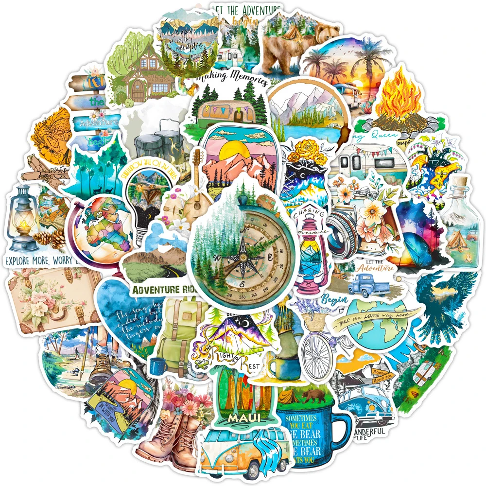 10/30/50pcs Outdoor Camping Hiking Stickers Beautiful Travel Scenery Decals Water Bottle Phone Laptop Cool Sticker Toy for Kids