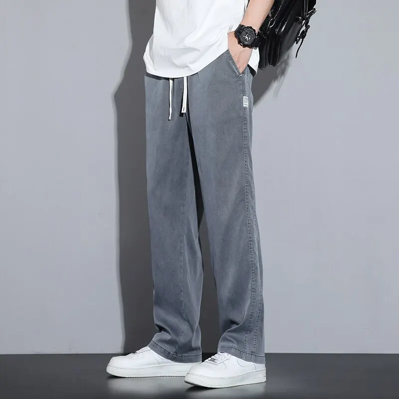 Summer Soft Lyocell Fabric Men\'s Jeans Thin Loose Straight Pants Drawstring Elastic Waist Korea Casual Trousers Plus Size M-5XL