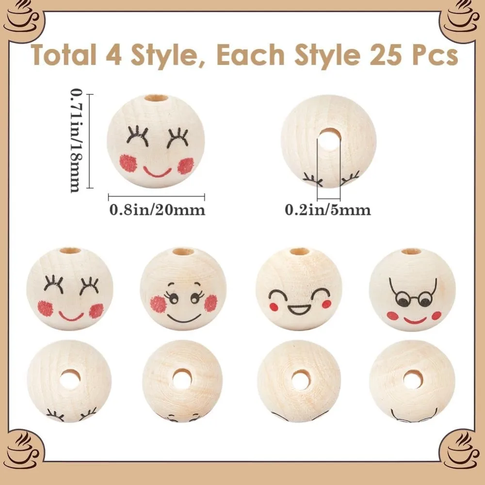 100Pcs 4 Styles Large Face Wooden Beads 20mm Face Wood Round Ball Spacer Bead Cute Printed Doll Head making kit