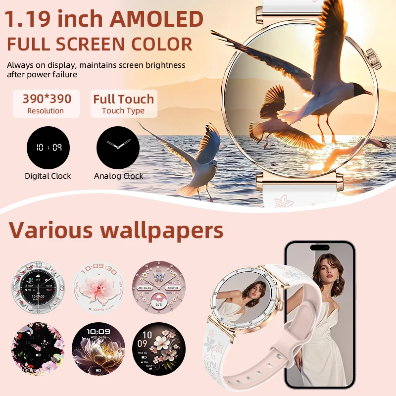 LIGE AMOLED HD عرض مراقب معدل ضربات القلب جهاز تعقب للياقة البدنية Smartwatch بلوتوث دعوة مقاوم للماء 1.19 "Ultra-Slim ساعة ذكية النساء