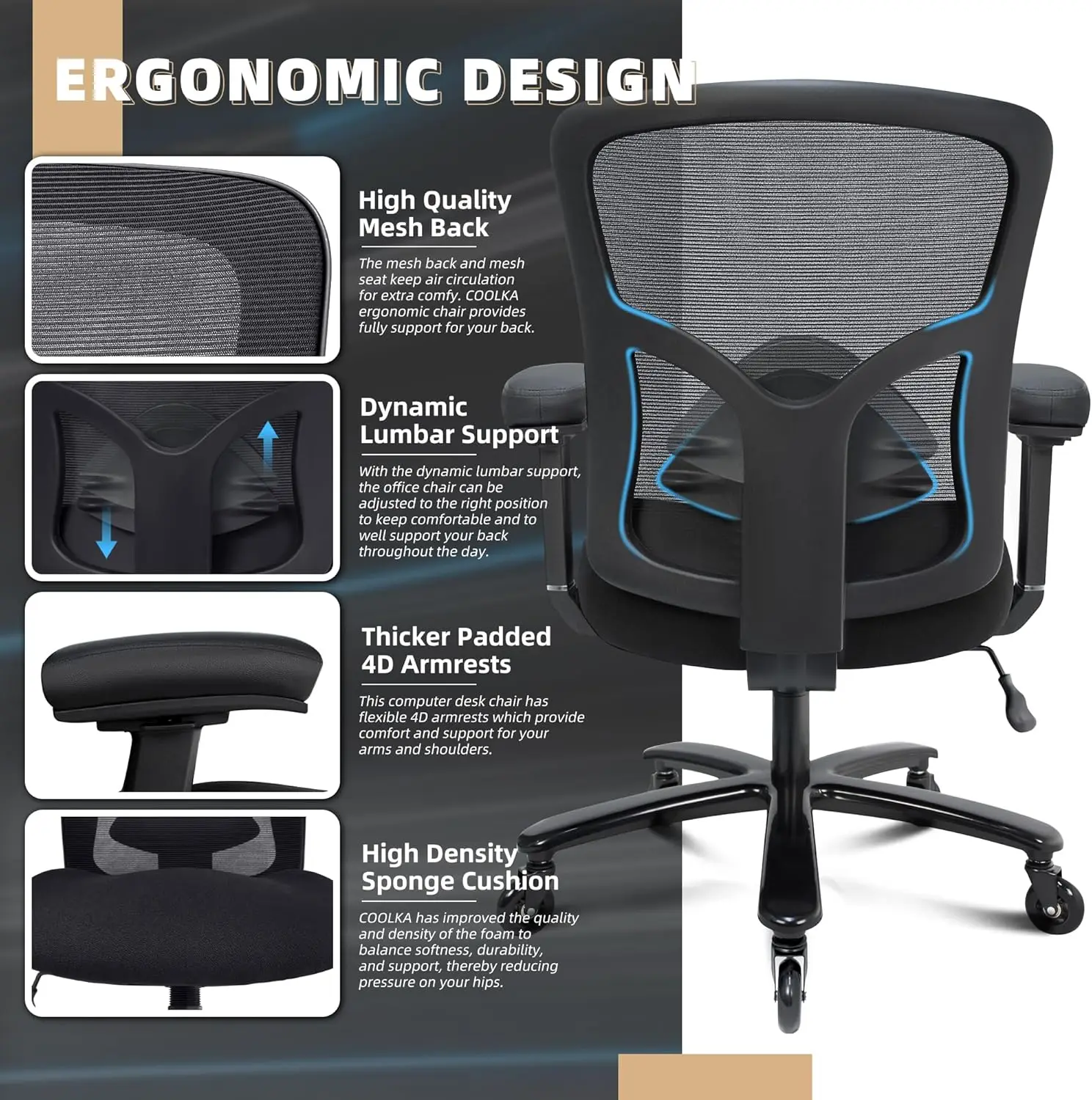Silla de oficina grande y alta de 500 libras: silla de escritorio ergonómica de malla, resistente, lumbar ajustable, base de metal, negro