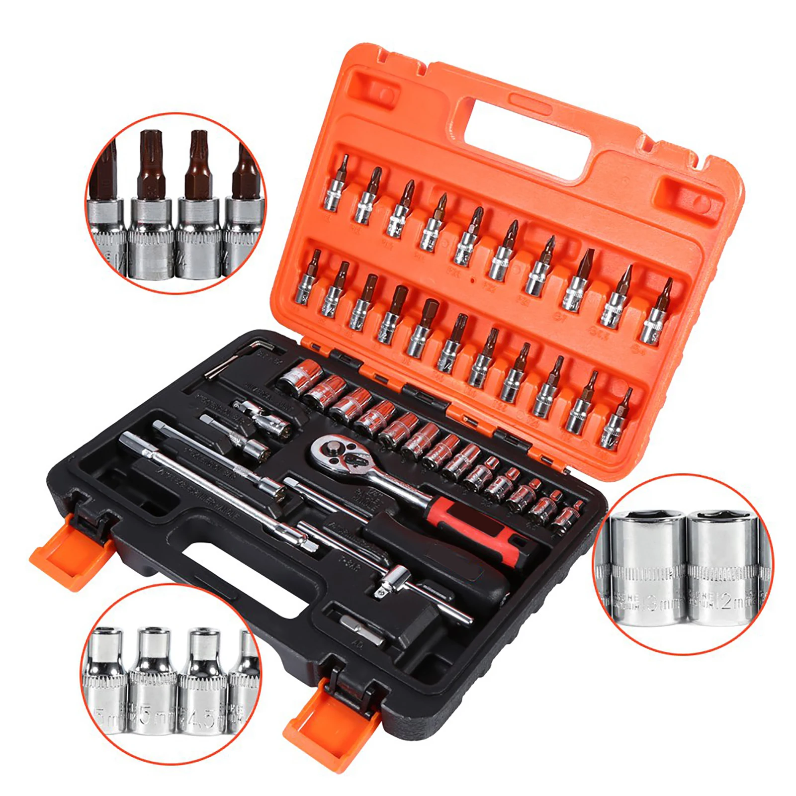 Set Kunci Soket 46 pcs 1/4 inci dengan Batang Ekstensi Metrik, Kotak, dan Ratchet