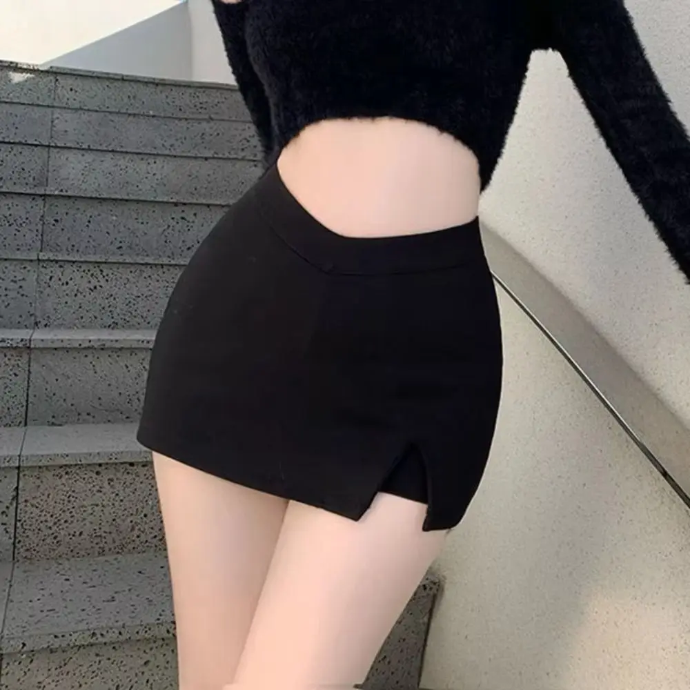 Fashion Black Split Mini Skirts Slim Fit Side Split A-Line Skirts Short Skirts