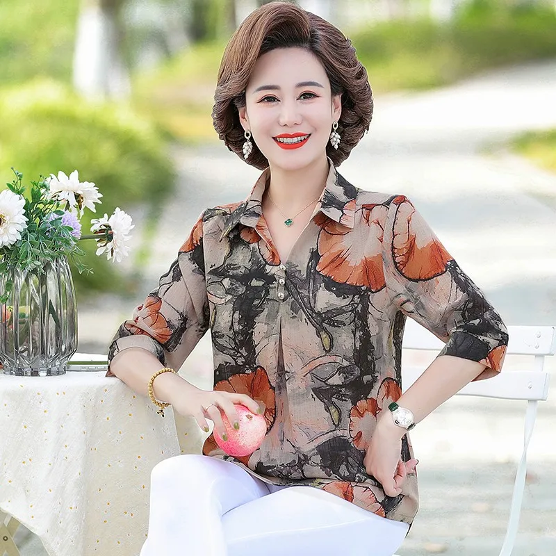 printed chiffon V-neck half sleeve shirt woman Fashion elegant loose blouse ladies 2022 new Mom casual spring summer tops