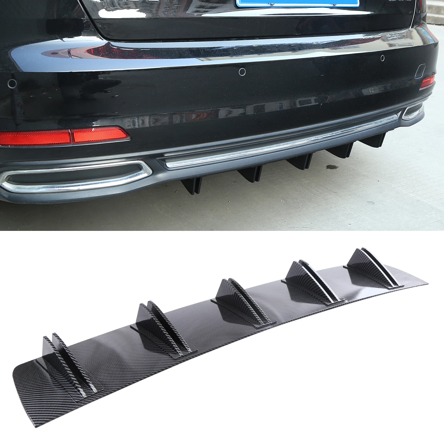 

31'' Universal Rear Bumper Lip w/5-Shark Fin Diffuser Spoiler Splitter & Chassis Kit Fit Most Vehicle