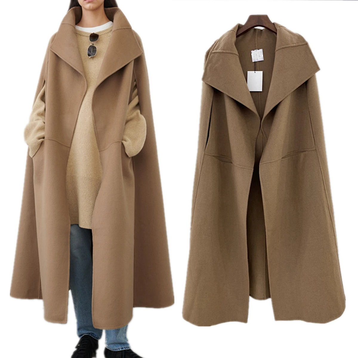 

Maxdutti Minimalist And fashionable Women's Wool Blend Cloak Coat WInter Overcoat British Vintage Khaki Trench Coat Women