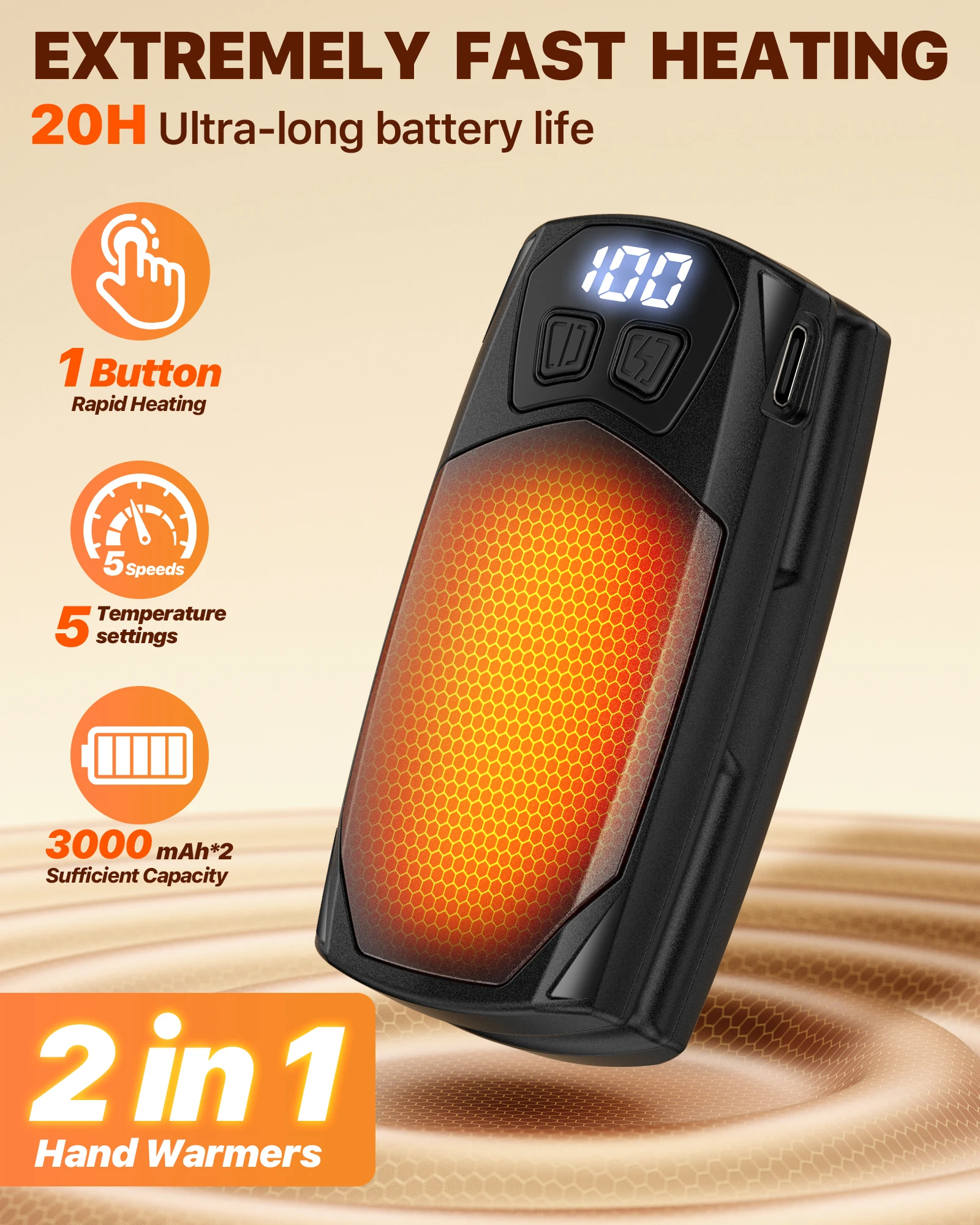 Tragbarer 3000-mAh-Handwärmer mit 2 Blöcken und Digitalanzeige, schnell erhitzende Wärme für Winter-Outdoor-Wandern, Skifahren