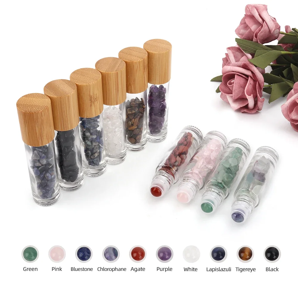 10Pcs/Set 10ml Natural Gemstone Jade Roller Bottle Bamboo Grain Lid Refillable Essential Oil Bottle Empty Bottle with Jade Stone