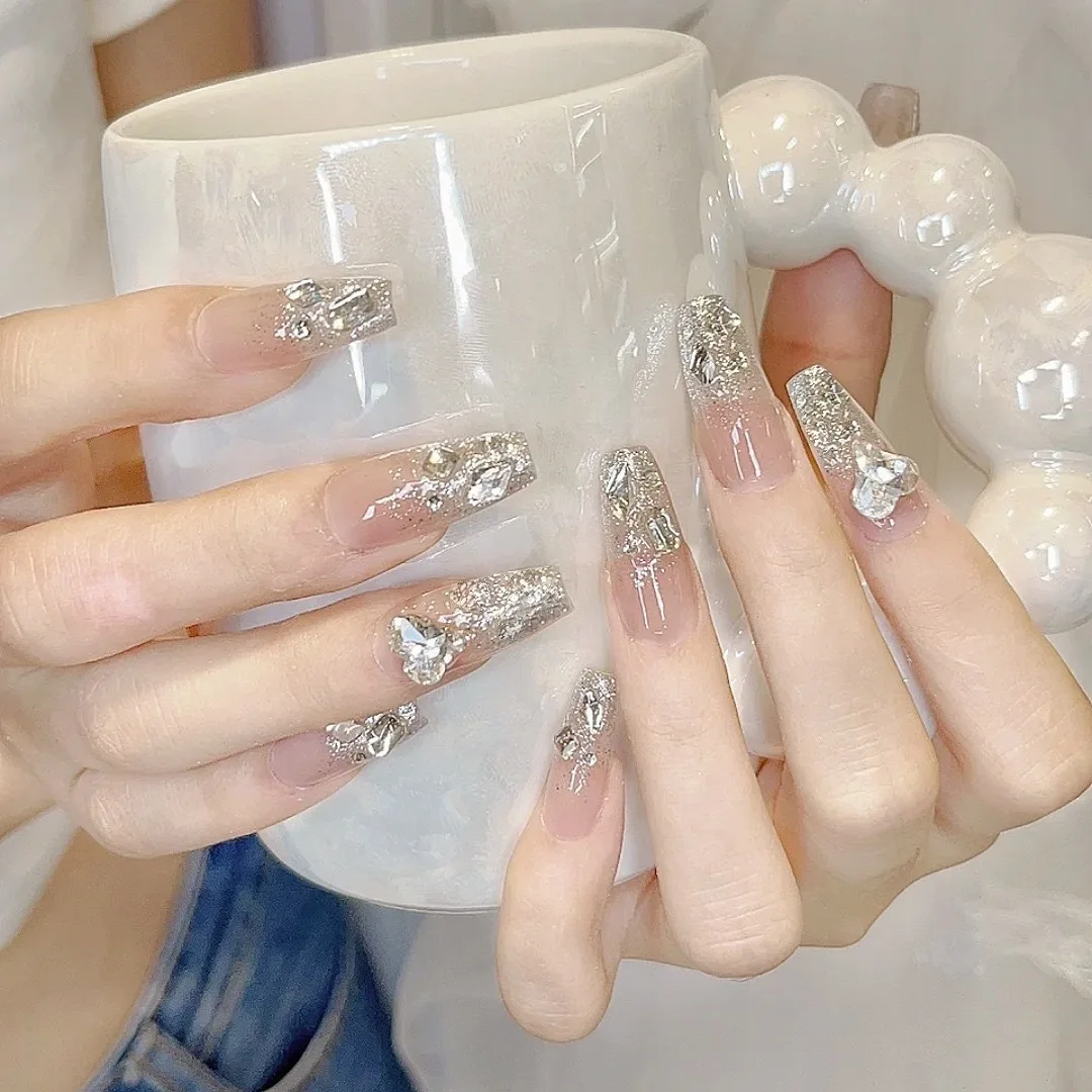 Sparkly Glitter Press on Nails Champagne Diamond Nail Art Handmade Fairy False Nails Elegant Reusable Manicure Tips