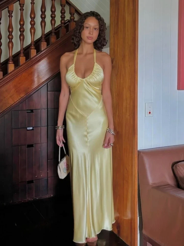 2025 Sexy Halter Neck Backless Slim Long Dress Women Yellow Sleeveless Folds Bodycon Dresses Elegant Evening Party Gowns