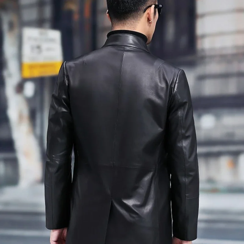 Genuine Leather Trench Coat for Men Clothing Medium Length Stand Collar Soft Plush Real Sheepskin Leather Jacket Spring Autumn F