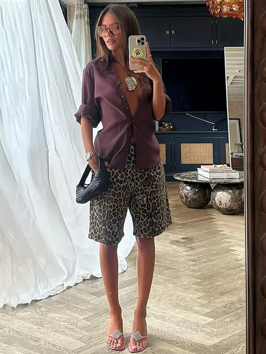 DriftWear Loose Wide-legged Short Pants Leopard Button Jeans A-line Short Trousers Causal Fashion Street Style Pants For Women