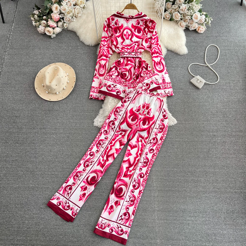 JAMERARY Autumn Porcelain Floral Two Piece Sets Women Long Sleeve Shirts Red White Blouses + Skinny Pants Suits Runway